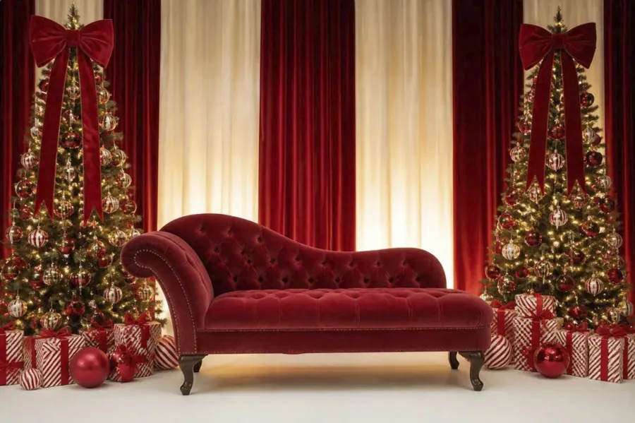 Scenografia natalizia Elegance: chaise longue in velluto rosso, due alberi illuminati e tende bordeaux