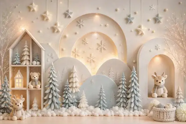 Scenografia natalizia Winter Kids per bambini: colline innevate, stelline sospese e peluche